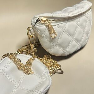 White Quilted Half Moon Crossbody Bag Gold Chain Mini Pouch